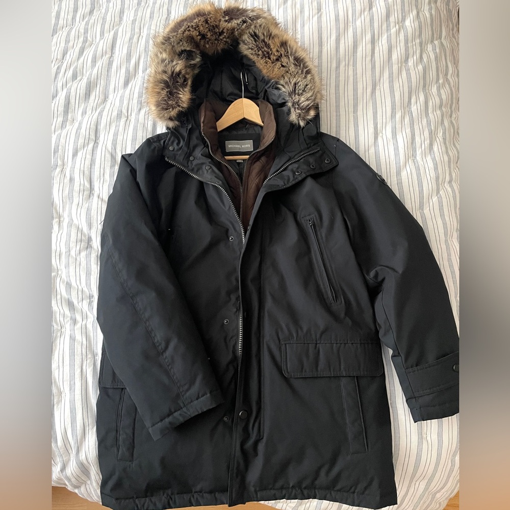 Michael Kors Men's B Hooded Parka with Faux Fur Trim